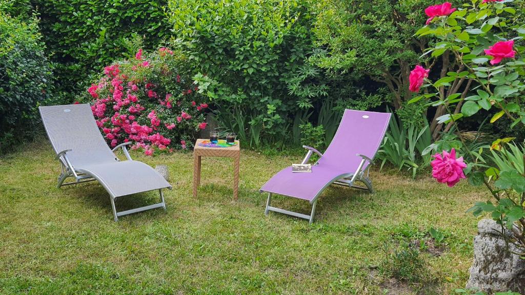 três cadeiras e uma mesa num quintal com flores em d’un jardin à l’autre em Tarbes