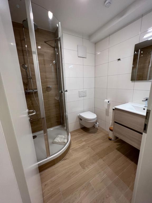 a bathroom with a shower and a toilet and a sink at Hotel Le Postillon in Echternach