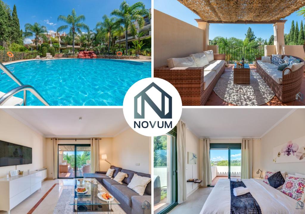 a collage of photos of a villa with a swimming pool at Modern and Spacious 2 BDRM Penthouse - 3 Pools and Sea Views in Marbella