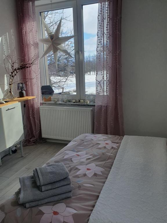 ein Schlafzimmer mit einem Bett und einem großen Fenster in der Unterkunft Porębana Osada in Długopole-Zdrój