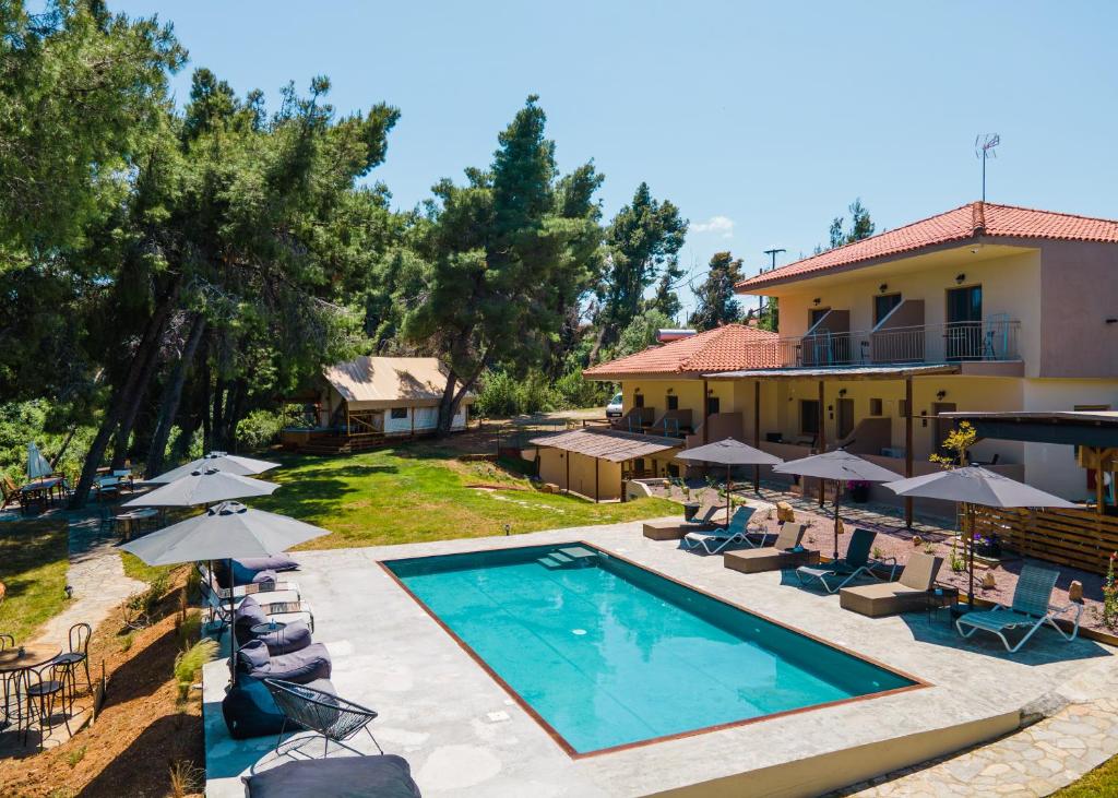 an aerial view of a villa with a swimming pool at Pefkon Suites in Afitos