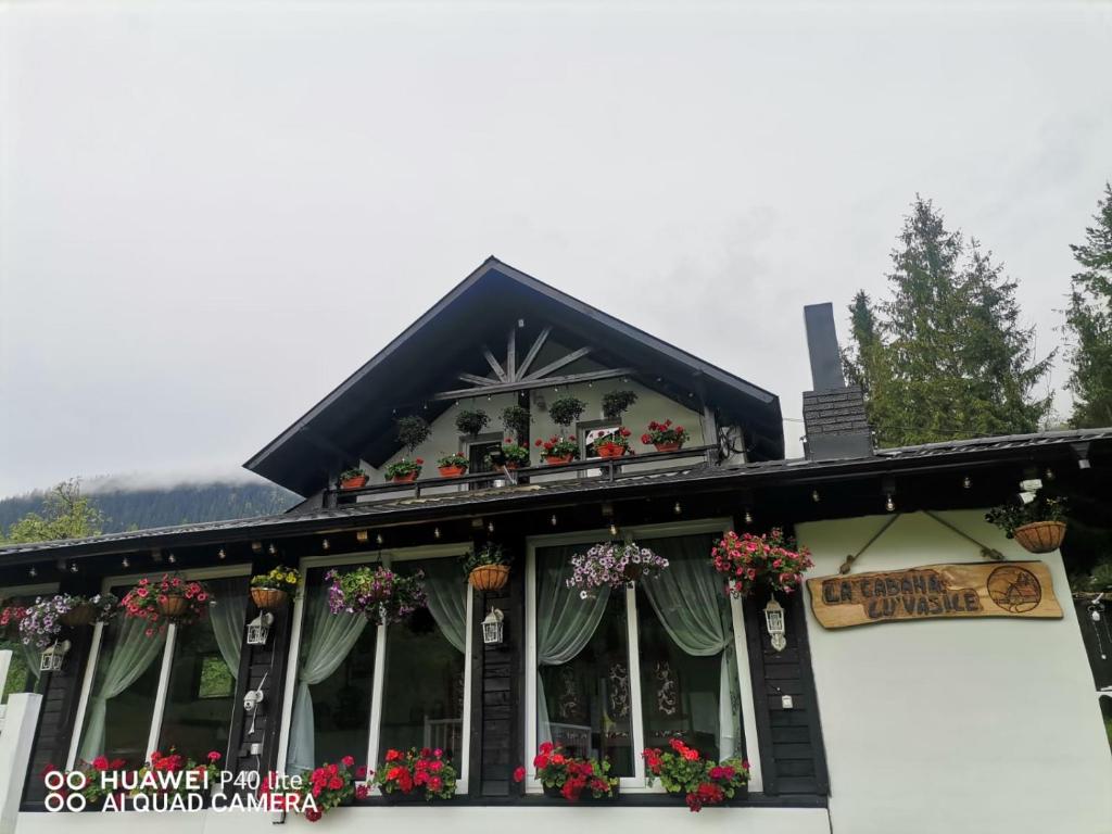 ein Gebäude mit Blumen in den Fenstern in der Unterkunft La cabana lu' Vasile in Fundu Moldovei