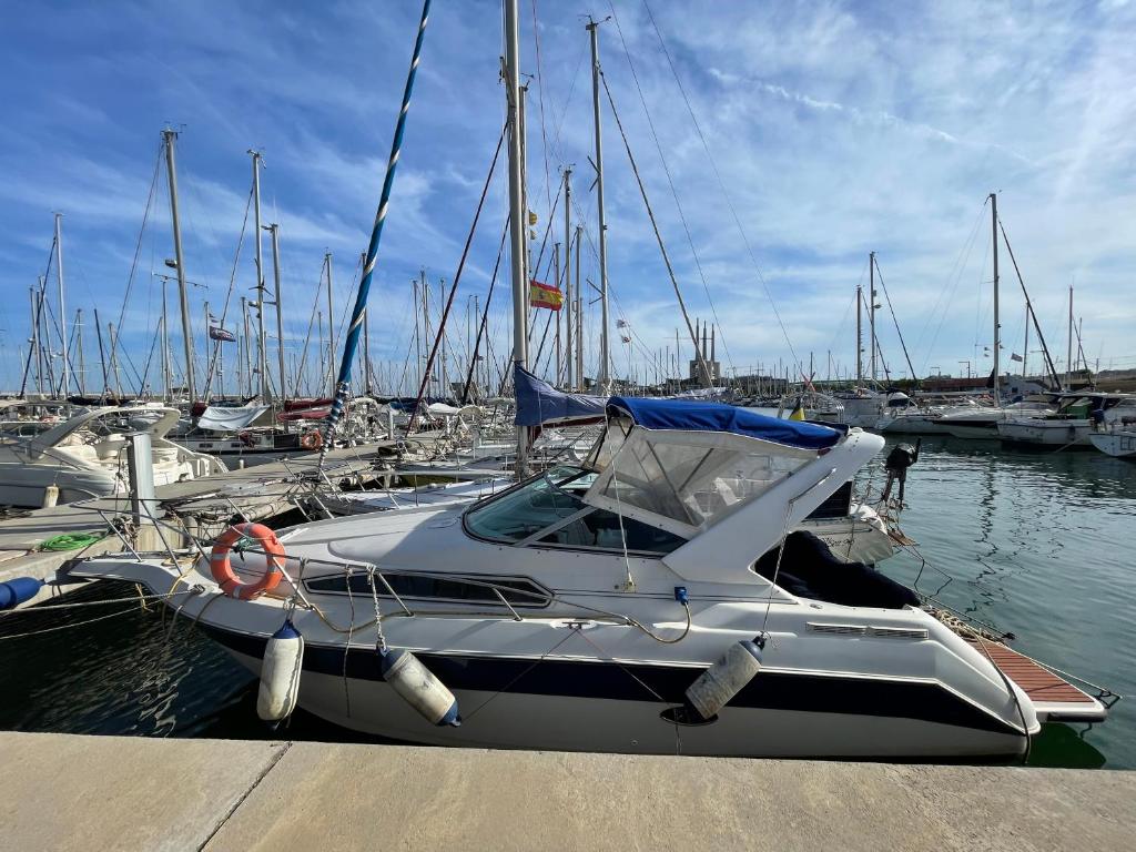 un barco está atracado en un puerto deportivo con otros barcos en Yate Eos, en Badalona