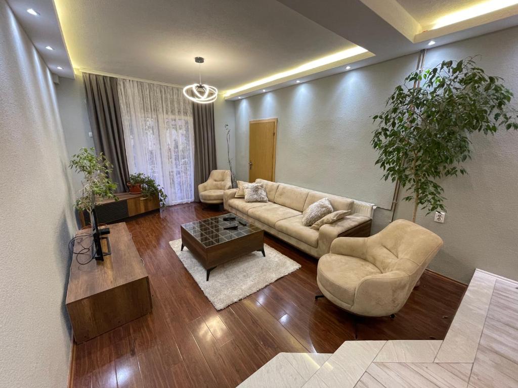 uma sala de estar com um sofá, cadeiras e uma mesa em Anastasija Apartments em Ohrid
