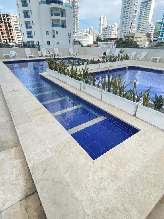 uma piscina no telhado de um edifício com azulejos azuis em Alojamientos Cartagena Edificio Los Delfines em Cartagena das Índias