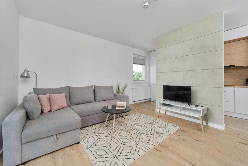 a living room with a gray couch and a fireplace at Na Grobli Riverside Apartment & FREE GARAGE by Renters in Wrocław