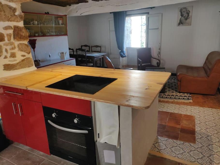 eine Küche mit einer hölzernen Arbeitsplatte in einem Zimmer in der Unterkunft VILLA VILATA A PADERN DANS LES CORBIÈRES SAUVAGES in Padern