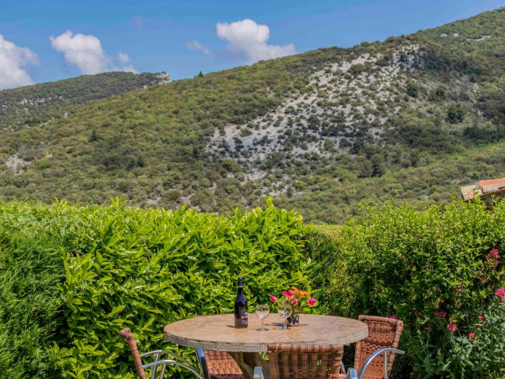 a table with flowers on it in front of a mountain at Holiday Home Le Cèdre - RSB100 by Interhome in Roche-Saint-Secret