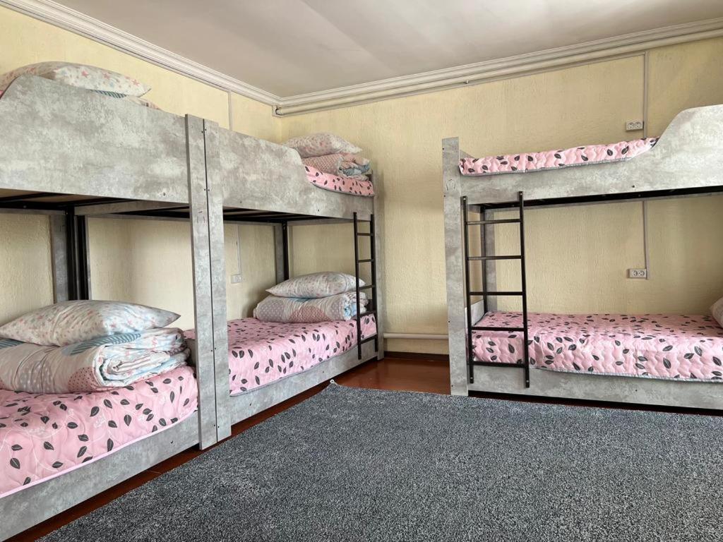 two bunk beds in a room with pink sheets at The Nest Hostel in Karakol