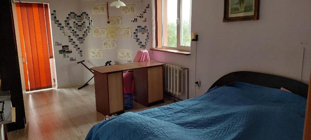 um quarto com uma cama, uma secretária e uma janela em Casa Dorului 