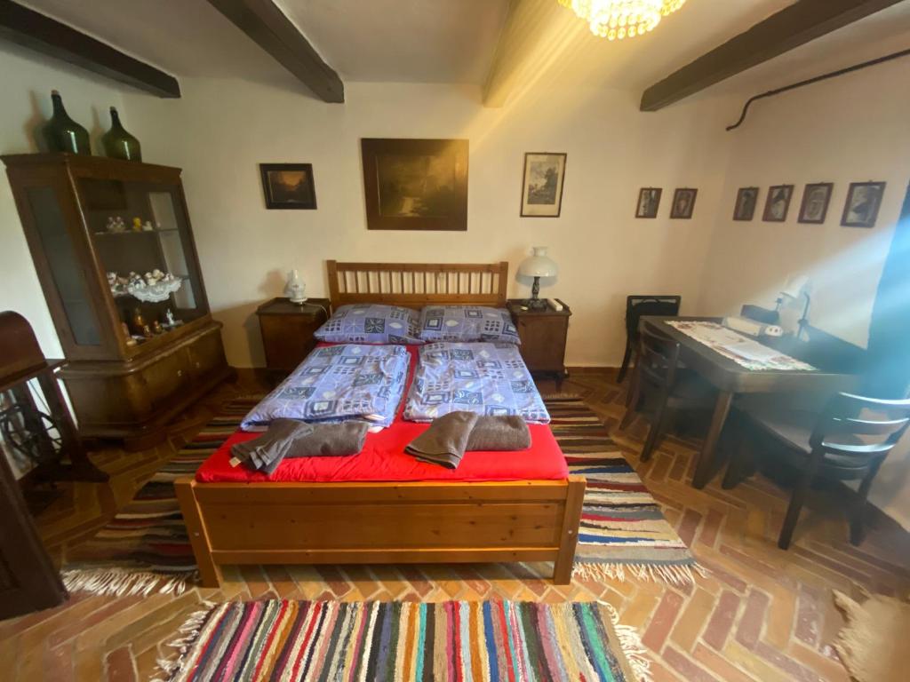 a bedroom with a bed with two dogs laying on it at Tiszakanyar Vendégház in Tiszadada