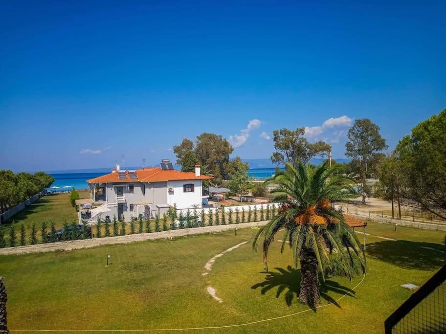 a palm tree in front of a white house at ALKIONIS , Family apartment by the sea in Halkidiki in Pefkohori