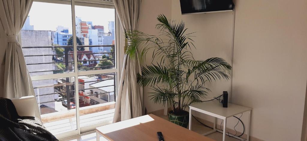 ein Wohnzimmer mit einem großen Fenster mit einer Pflanze in der Unterkunft Departamento Amplio en Corrientes Capital in Corrientes