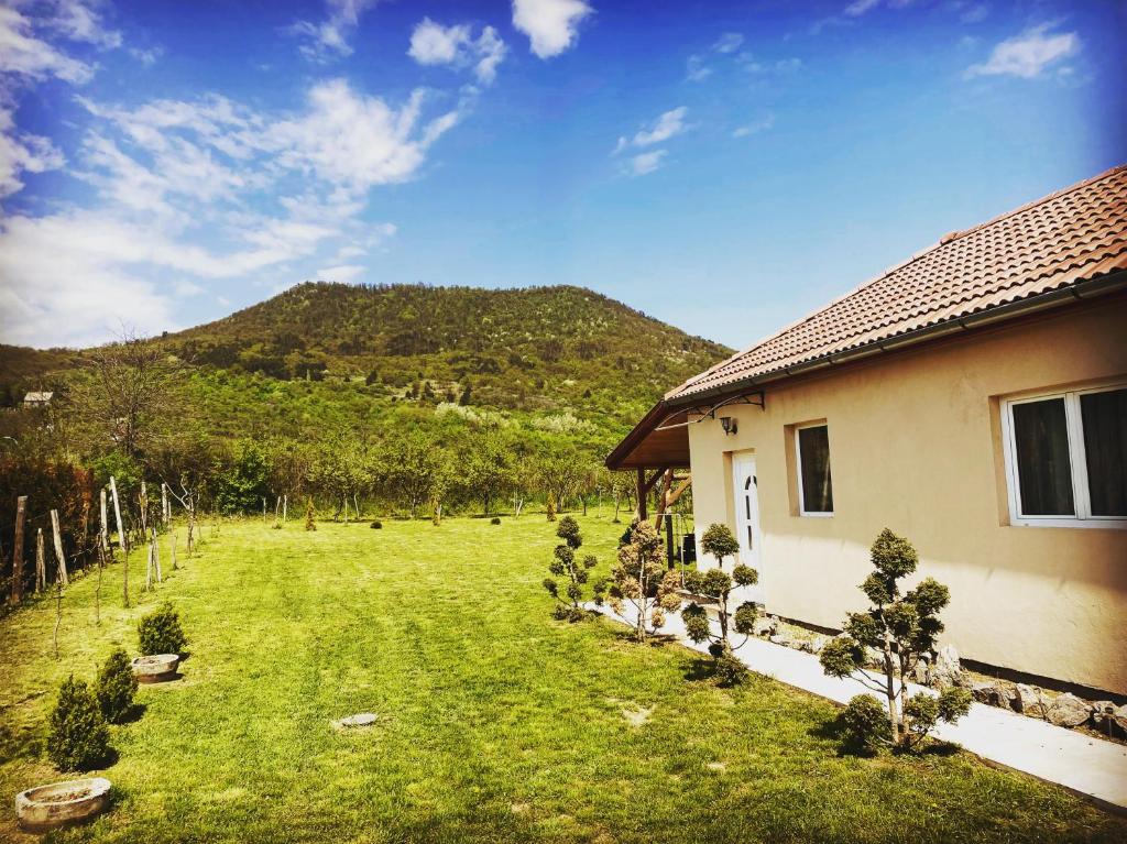 a house with a yard with a mountain in the background at Relax Island Vendégház in Sátoraljaújhely