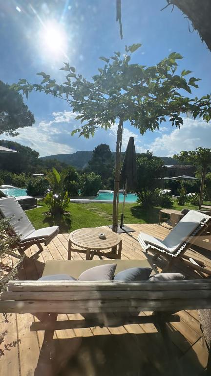a patio with two lounge chairs and a table and a tree at Hôtel Ambassador Palombaggia in Porto-Vecchio