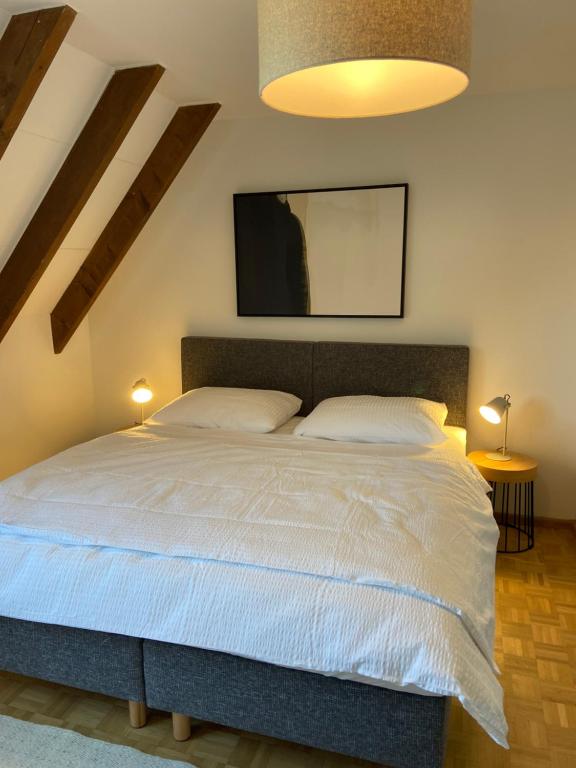 ein Schlafzimmer mit einem großen weißen Bett mit zwei Kissen in der Unterkunft Charming 3 Bedroom Duplex 