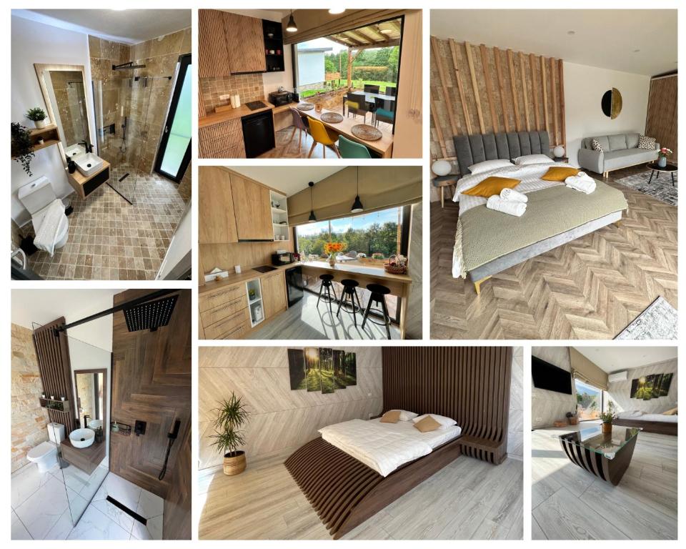 a collage of photos of a hotel room at Transalpina Tiny House - outdoor jacuzzi in Baia de Fier