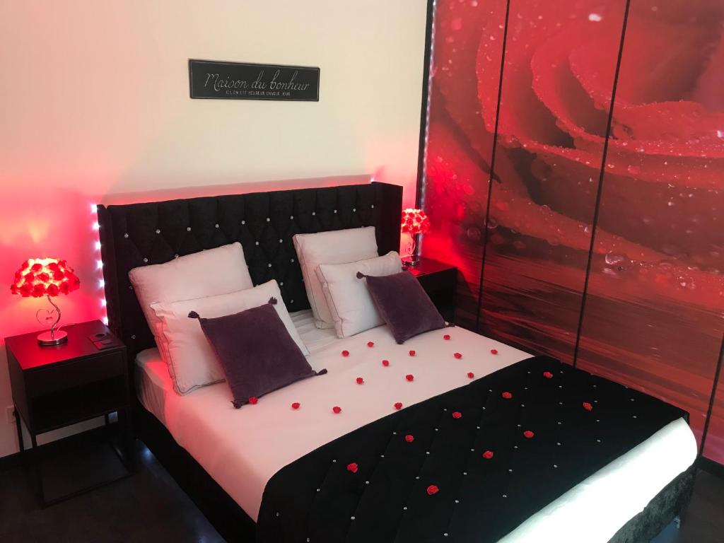 Un dormitorio con una cama con corazones rojos. en LA ROMANTIQUE SPA, en Saint-Avertin