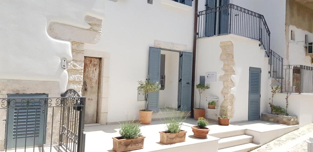 une maison blanche avec des plantes en pot sur les marches dans l'établissement Gárgara Bed and Breakfast, à Vico del Gargano