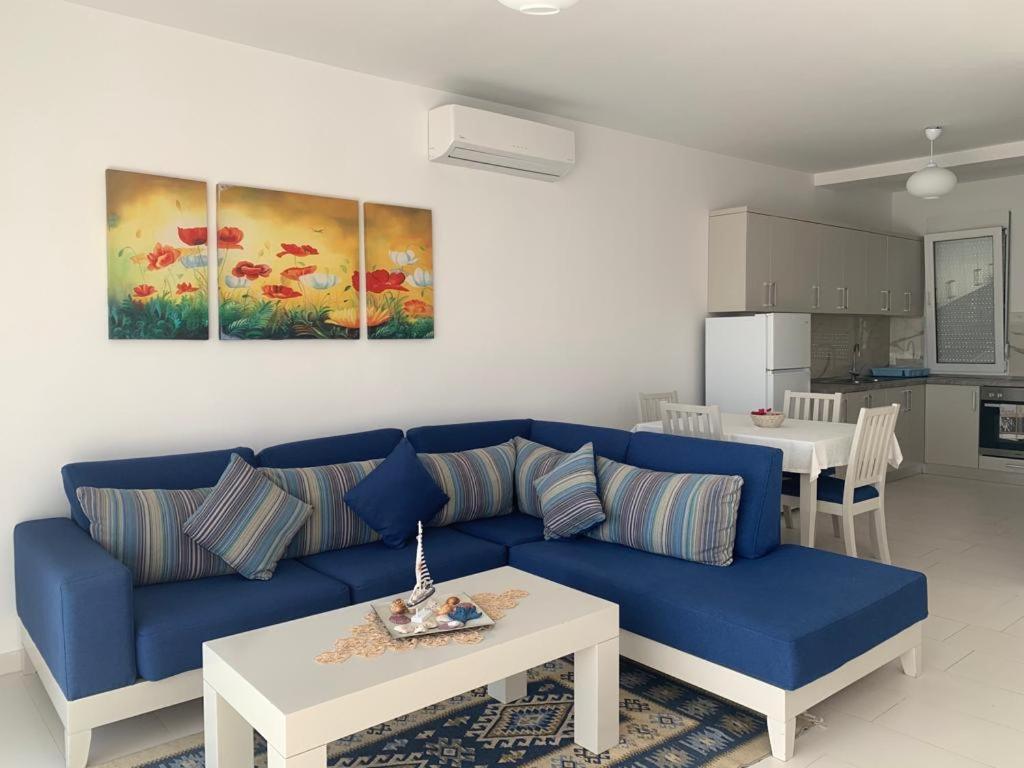 een woonkamer met een blauwe bank en een keuken bij Bellavista Apartments Bougainville Bay in Sarandë