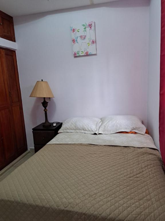 a bedroom with a bed and a lamp on a table at Acogedora Casa in Managua