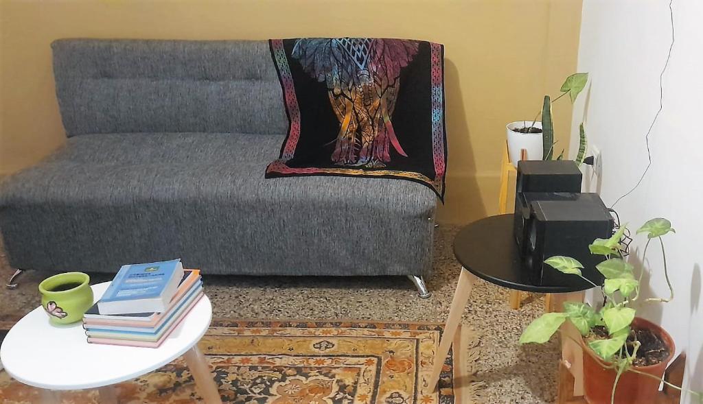 sala de estar con sofá y mesa con libros en Pellegrini Departamentos muy confortable y bien ubicado en Godoy Cruz