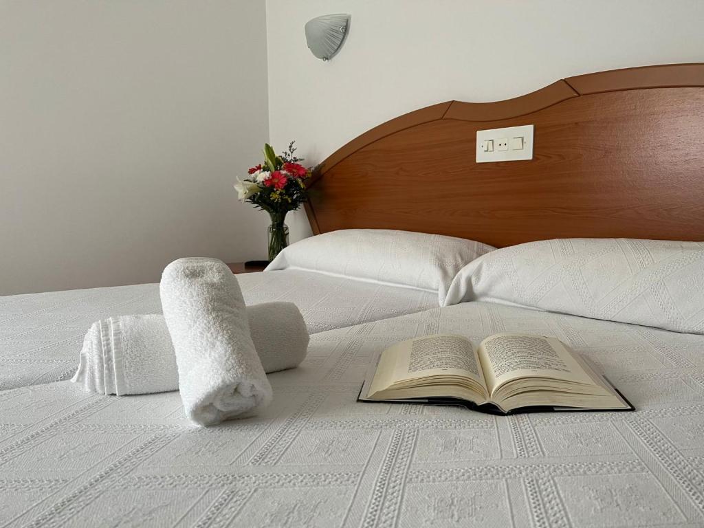 Un libro en una cama con un animal de peluche. en Hotel Argibay, en O Grove