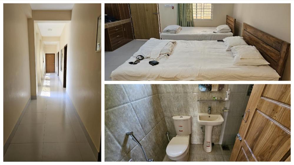 two pictures of a bedroom with a bed and a sink at Bonochhaya EcoResort in Khagrāchari