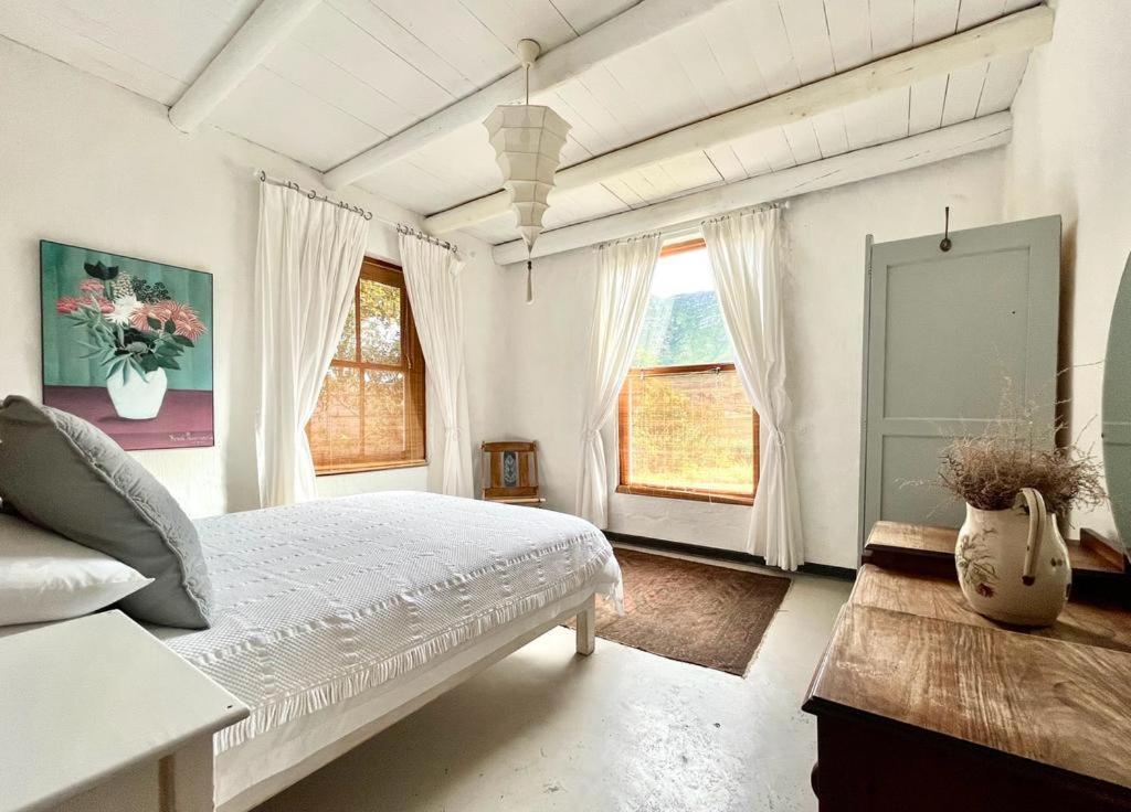 um quarto branco com uma cama e 2 janelas em Tranquility em Hermanus