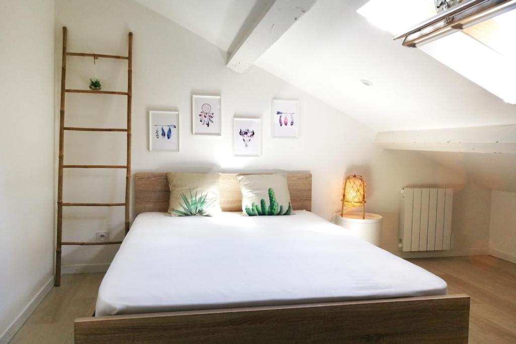 a bedroom with a large bed in a attic at Le Petit Moselle- métro Mermoz-Parc Parilly in Bron