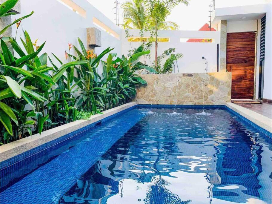 una piscina en medio de una casa con plantas en Villa Ocean en Puerto Escondido