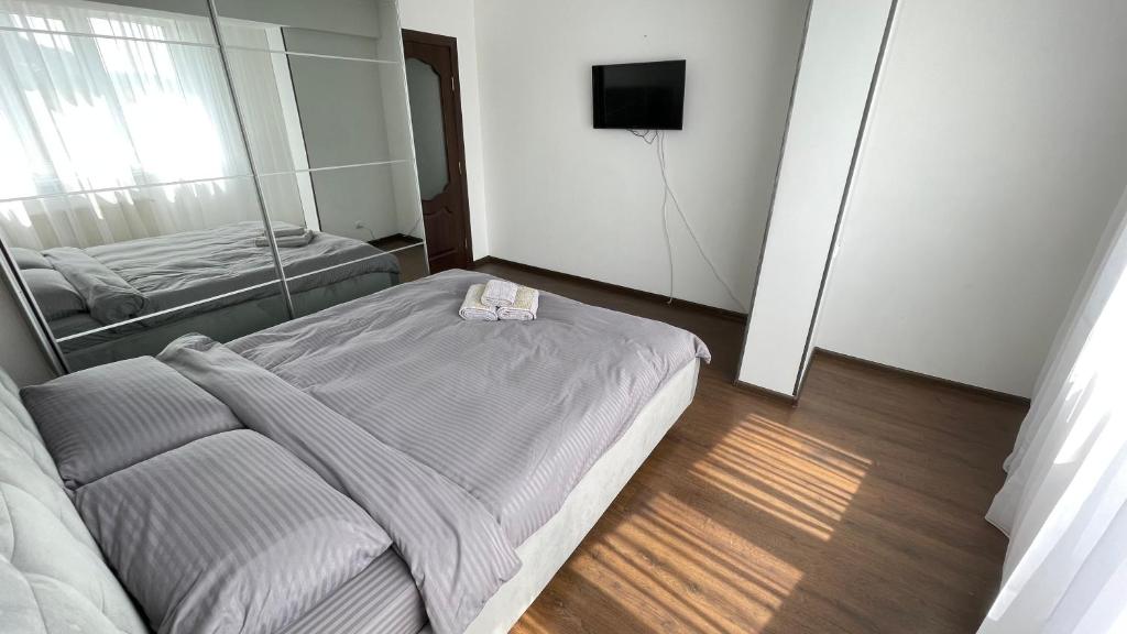 a bedroom with a large bed and a mirror at Home sweet home in Chişinău