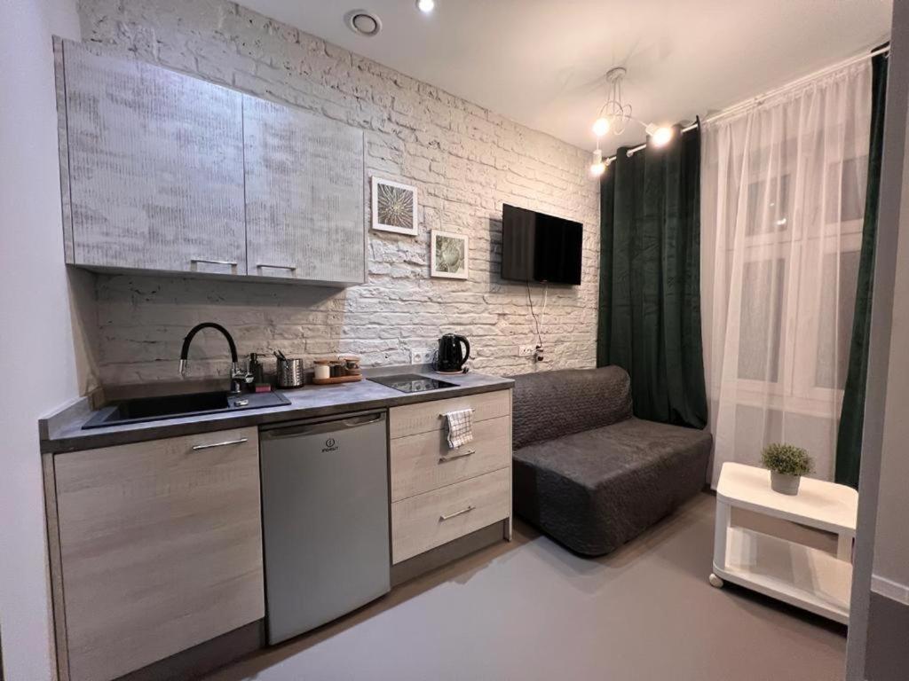 a kitchen with a sink and a couch in a room at Green Hill Apartments Katowice in Katowice