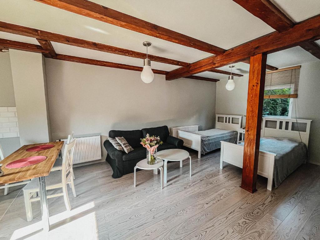 ein Wohnzimmer mit einem Sofa und einem Tisch in der Unterkunft Pokoje na Orzeszkowej in Cammin in Pommern