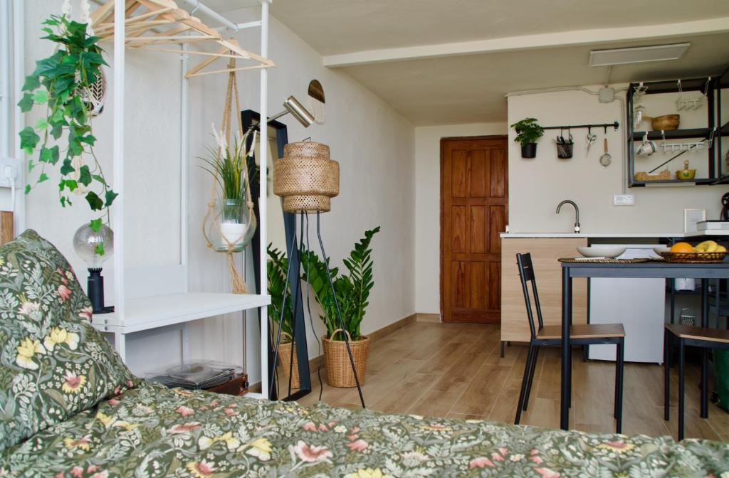 ein Wohnzimmer mit einem Sofa und einem Tisch in der Unterkunft El estudio de Jessica in La Laguna