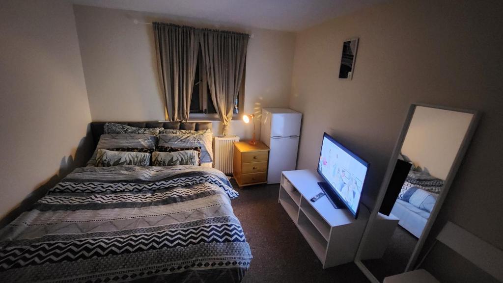 a bedroom with two beds and a flat screen tv at Lekmic Global in London