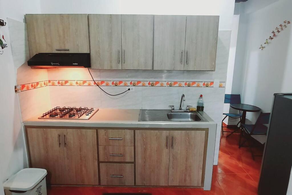 a small kitchen with a sink and a stove at Los altos de Bremen in Filandia