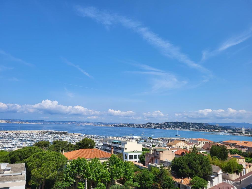 une ville avec vue sur l'eau et les bâtiments dans l'établissement La Pointe Rouge vue mer, à Marseille
