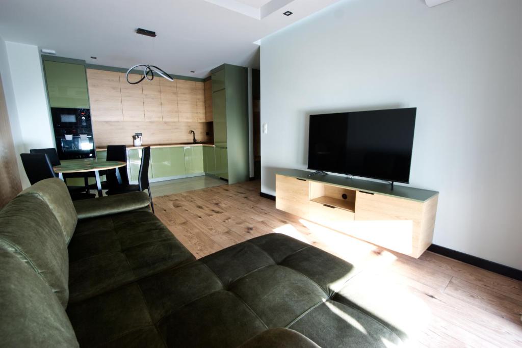 sala de estar con sofá y TV de pantalla plana en Apartament na wynajem, en Kalisz