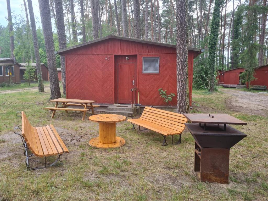a picnic table and benches in front of a cabin at Domek Wakacyjny Patrycja 47 in Głębokie