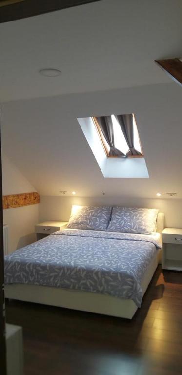 a bedroom with a bed and a skylight at TOMiSLAV in Zagreb