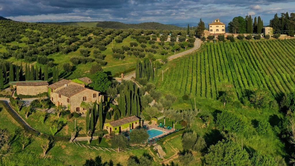 - une vue aérienne sur une maison dans un vignoble dans l'établissement Relais Villa Monte Solare Wellness & SPA, à Panicale