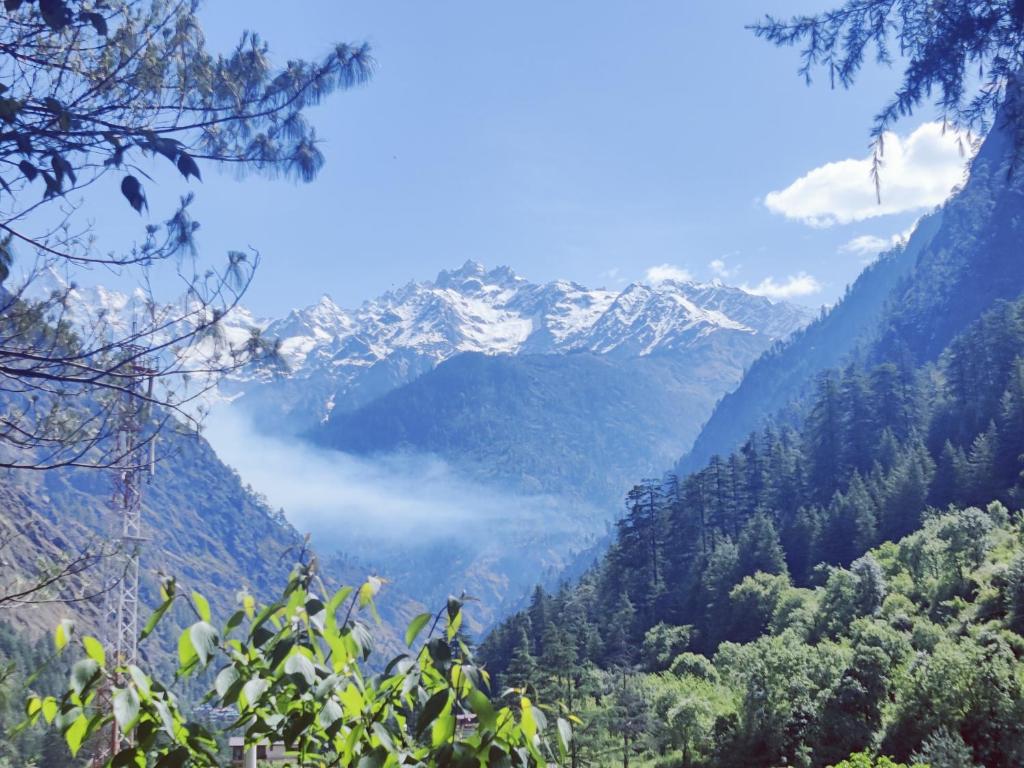 a view of a valley with snow capped mountains at Delight Homestay Kasol in Kasol