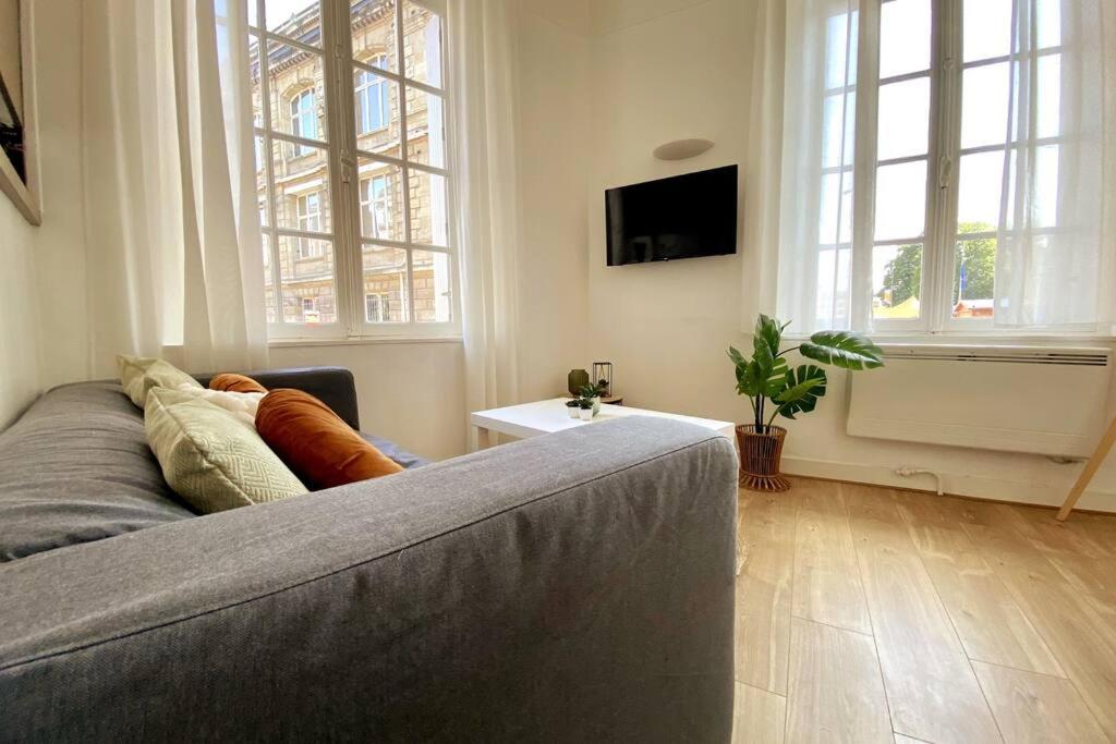 uma sala de estar com um sofá cinzento e janelas em Le Nid du Bouvreuil em Rouen