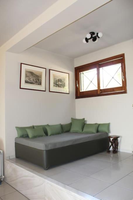 a living room with a green couch and two windows at Villa Khaki 