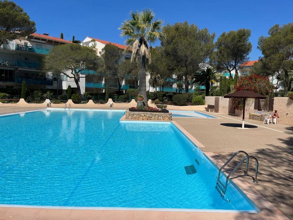 una grande piscina blu con una palma sullo sfondo di Saint-Raphaël, Boulouris, F2 dans belle résidence 3 piscines, proche bord de mer a Saint-Raphaël
