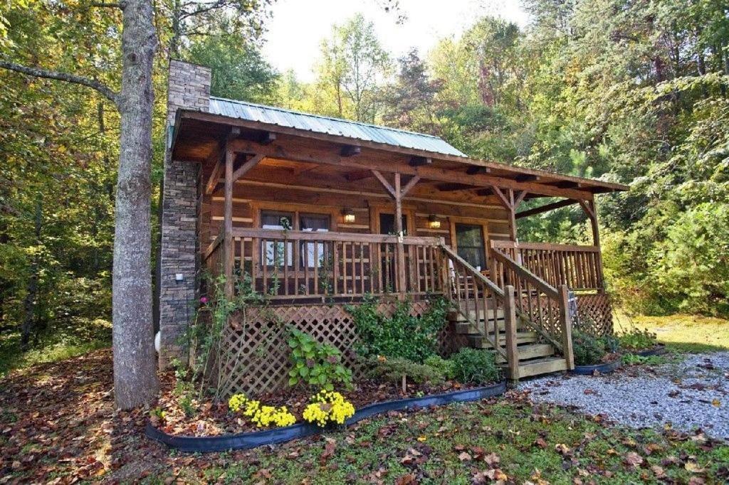 a log cabin in the woods with a porch at Peaceful Tellico View Home with Private Hot Tub in Tellico Plains