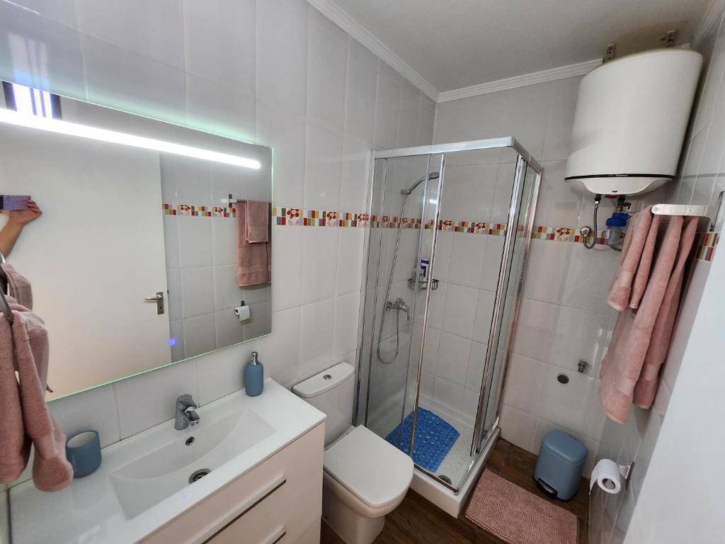 W łazience znajduje się prysznic, toaleta i umywalka. w obiekcie Casa de Mariposas w Aronie