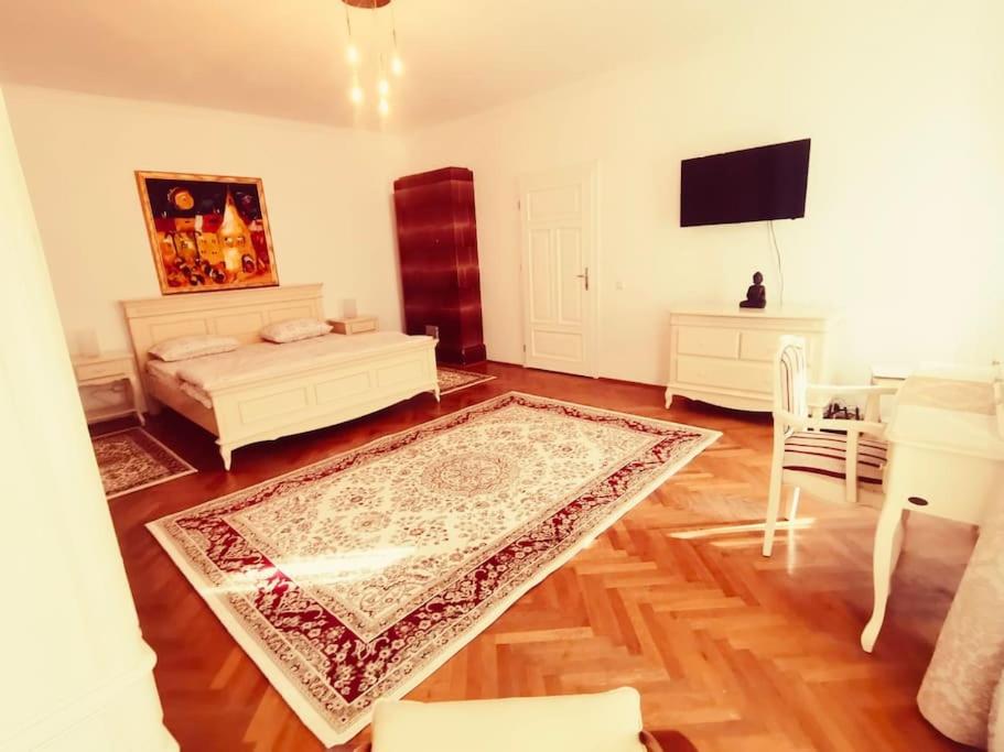 een woonkamer met een bed en een tapijt bij Casa Young&Jung in Sibiu