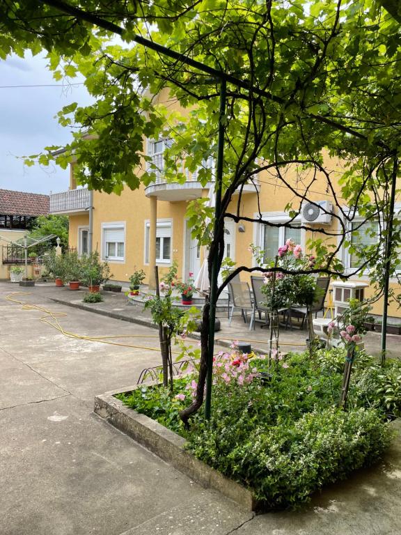 a park with a tree and flowers in front of a building at Vila de lux in Bela Crkva